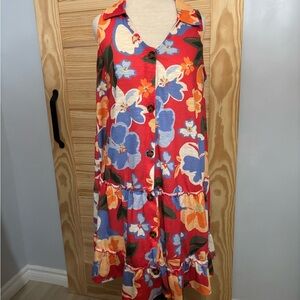 037D Floral Midi Dress in Red and Blue